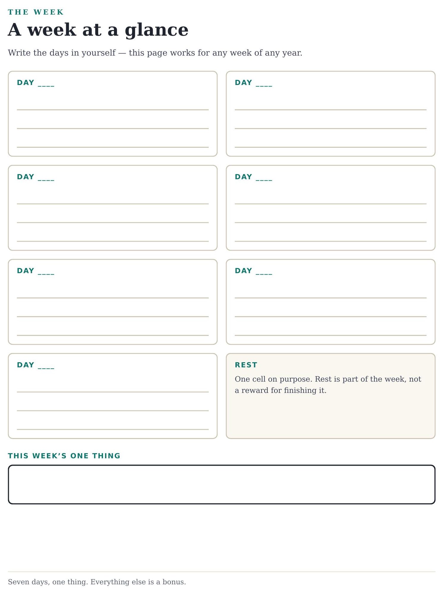 Undated Focus Planner week at a glance page